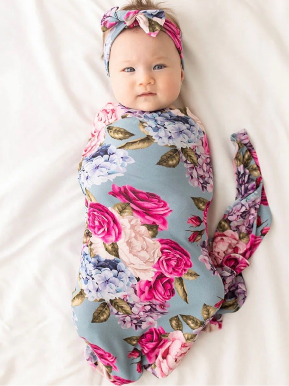 Posh Peanut Blue Floral Swaddle & Headwrap Set Roses NWT Box